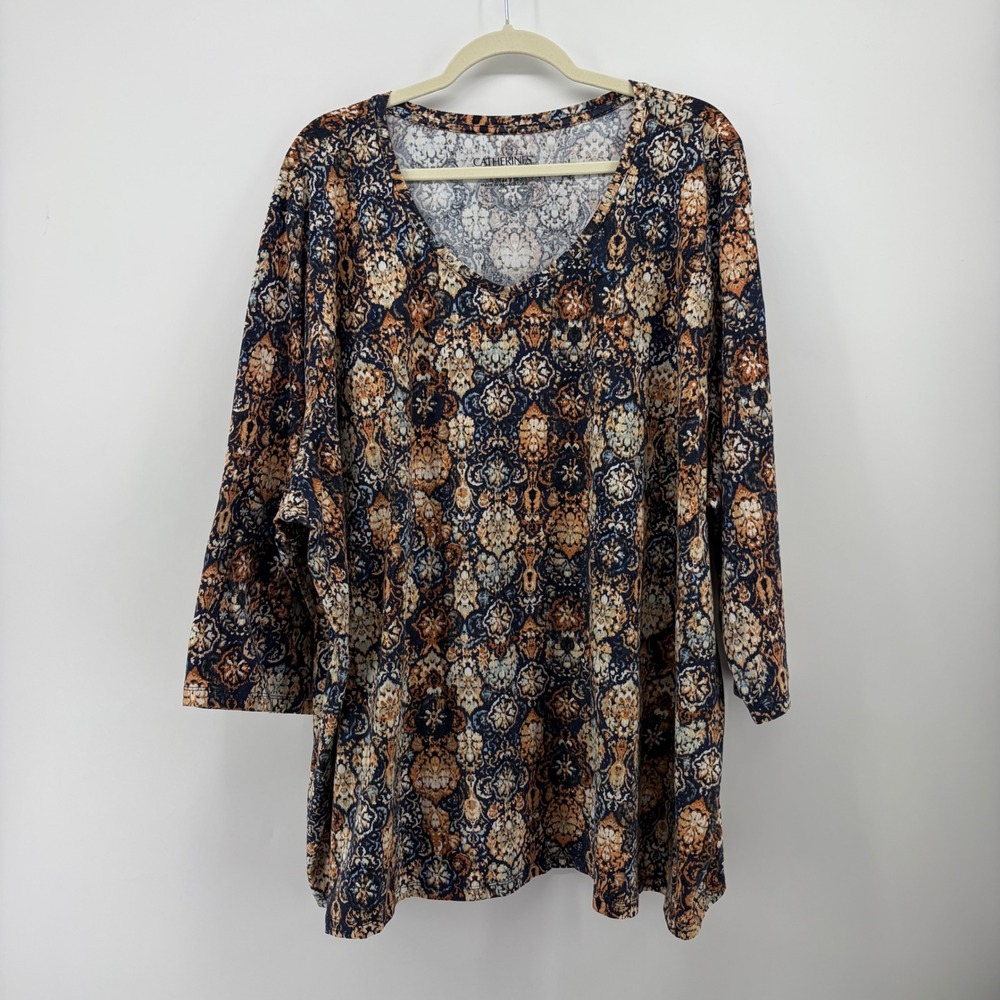 Catherines Womens 4X Multi Medallion Print V-Neck 3/4 Sleeve Suprema Tunic Top